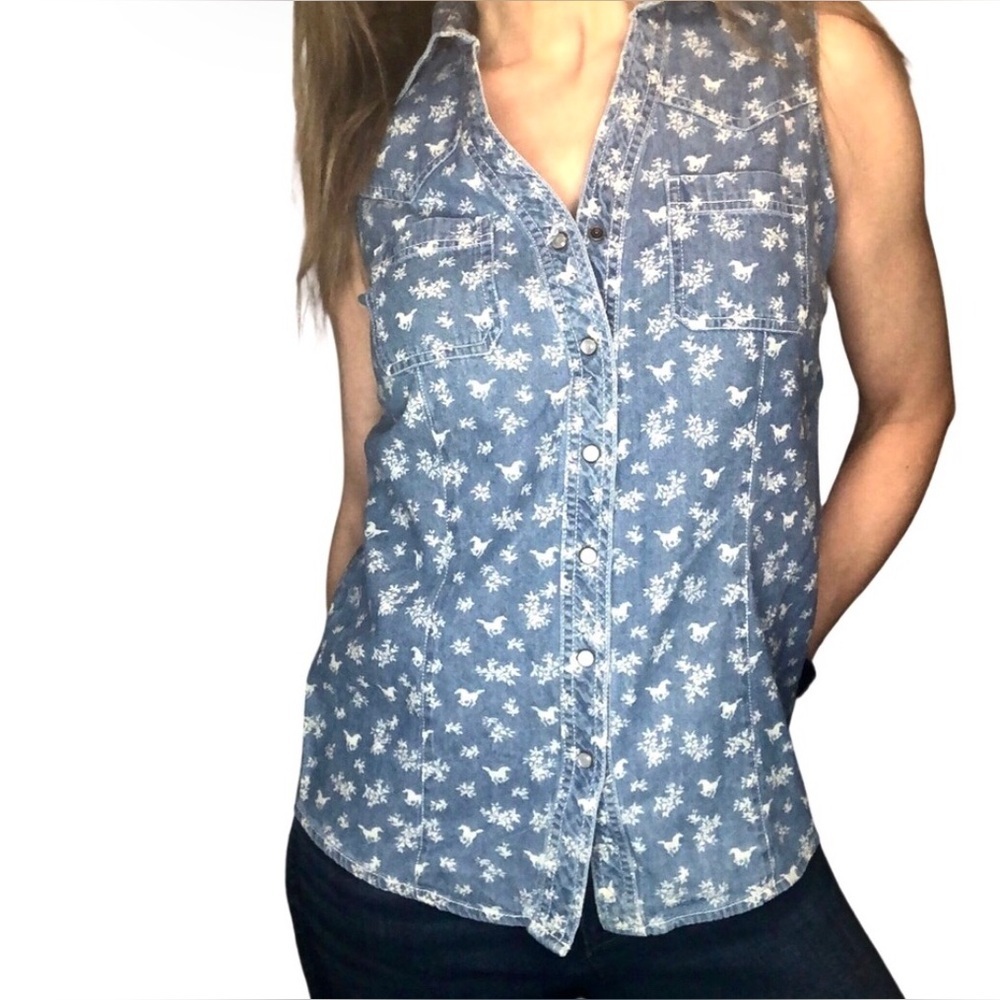 Brit & Bridle Novelty Horse Print Denim Snap Shirt Sz S Western Casual Country